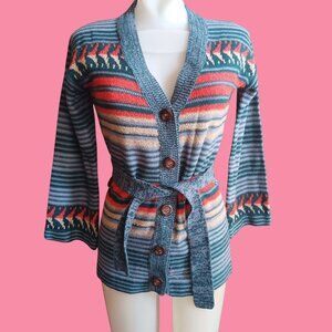 Vintage Cardigan Sweater Small Boho Jantzen Striped Knit Belted Waist Wooden 70s